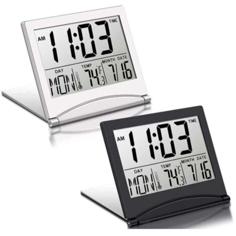 Réveil de Voyage Numérique LCD Pliable avec Calendrier Thermomètre Snooze Portable Bureau 2 Pièces (1/4)