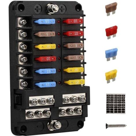 Panneau de Fusibles Bloc Fusible 12V 12 Voies avec BoîTe à au Sol et Volts pour Bateau Automobile RV RZR (1/4)