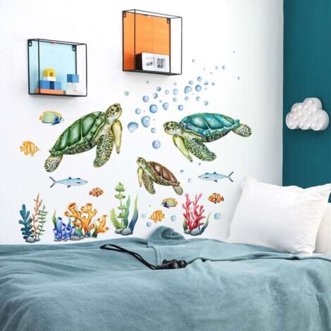 Sticker Mural Tortues de Mer, Corail et Algues - Décoration Murale pour Chambre, Salle de Bain - Autocollants Transparent pour Tortue de Mer - Stickers Muraux Salle de Bain (1/4)
