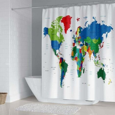 Rideau de Douche Motif Carte du Monde avec Impression géographique,imperméable, Anti-moisissure,Lavable,Rideau de Salle de Bain avec 12 Anneaux en Tissu Polyester Anti-fongique 180x180cm (1/4)