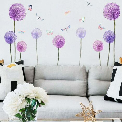Stickers Muraux Pissenlits Violet Autocollants Mural Fleurs Papillons pour Chambre Enfants Fille Pépinière Salon Décoration Murale