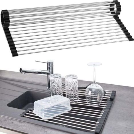 Egouttoir Vaisselle Pliable INOX Plastique Noir 37cm, Egoutoire Rangement Cuisine Porte Assiettes,Adaptable sur Evier,Anti-Dérapant et Résiantant a la Chaleur,Séchoir Couverts. (1/4)