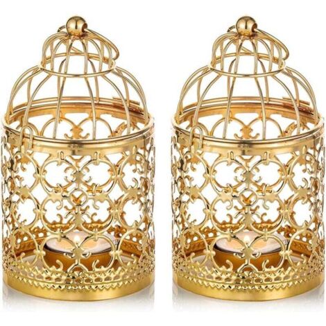 2 Pièces Petite Lanterne Cage Oiseaux Suspendue Photophore Métal, Lanternes Dorées pour Bougies Centres Table Vintage Mariage Fête Porte-Lumière Chauffe-Plat Décorations Bougeoirs Noël (1/4)