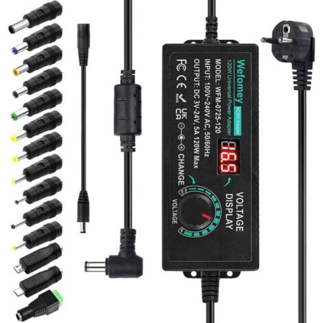 324V 5A 120W Adaptateur Alimentation Réglable, Adaptateur Secteur Universel Convertisseur, 100V-240V AC à DC 5A avec 14 Connecteurs, pour électroniques Ménagers 3V24V, 5000mA Max (1/4)