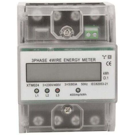 Compteur d'energie triphase a 4 fils 220/380V 5-80A Consommation d'energie kWh Compteur Installation sur rail DIN Compteur electrique numerique avec ecran LCD retro-eclaire, modele: Transparent