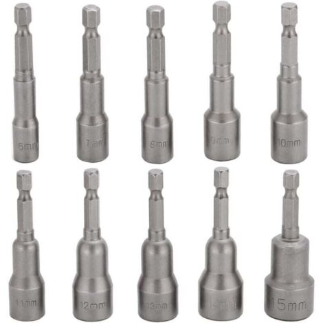 10 Pcs Embout Douille Visseuse à Choc 6-15mm Set Magnétique Hexagonale Douille Jeu de Embout Aimanté Perceuse Prise Hexagonale douille Set 1/4 Pouce pour Mandrin à Changement Rapide (1/4)