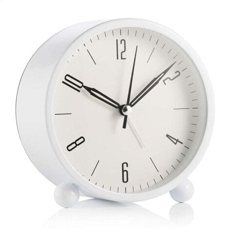 Réveil rond sans coutil, à piles et fonction d'éclairage, réveil super silencieux, design simple et élégant pour bureau / chambre à coucher, blanc (1/4)