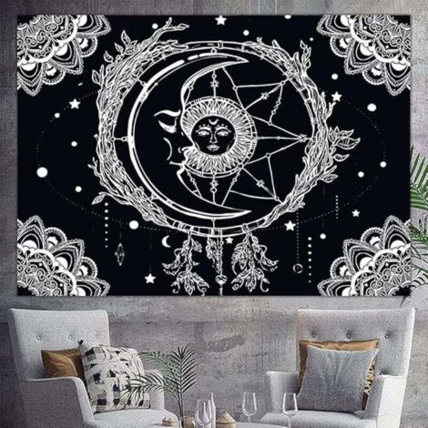 Soleil et Lune Tenture Murale Psychedelique Tapisserie, Drap Mural Mandala Wall Tapestry Aesthetic Tarot Psychedelic Tapis Mural Tissu Art Decoration pour Chambre Salon, 200x150 cm (Noir ) (1/4)