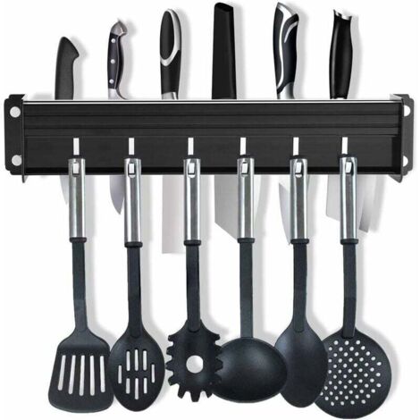 Porte Couteau , Porte Ustensiles Cuisine avec 6 Crochets, Support de Cuisine en aluminium, 40cm (Noir)，（Ne comprend pas les couteaux, cuillères, etc.） (1/4)