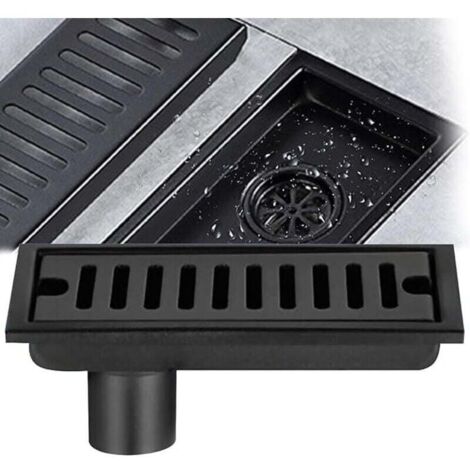 Siphon de sol rectangulaire, siphon de sol en acier inoxydable noir 20x10 cm siphon de sol de douche avec double filtre pour WC salle de bain drainage cuisine balcon (1/4)