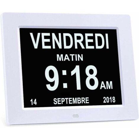 8" LCD Horloge Numérique Calendrier avec Date, Jour et Heure Horloge Alzheimer pour Les Seniors,C'est pour Les Parents (Blanc) (1/4)