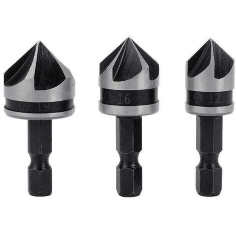 3 pièces, foret à bois à tige hexagonale en acier au carbone, chanfrein à cinq tranchants, forets 12/16/19mm, pour le bois métallique (1/4)