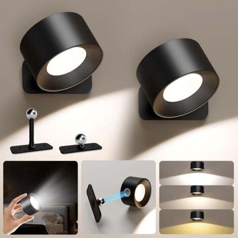Appliques murales à piles, lot de 2 LED rechargeables sans fil, 3 températures de couleur et luminosité, boule magnétique rotative à 360°, pour décoration de chambre à coucher, chevet, lecture (1/4)