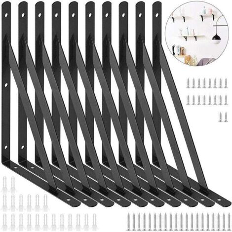 Paquet de 10 supports muraux, trépied robuste, equerre etagere murale,support d'étagère à 90 degrés, 150 x 95 mm (noir)
