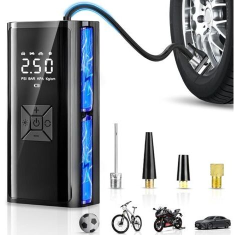 Gonfleur Pneus Voiture Sans Fil, Compresseur à Air Portatif Sans Fil avec LED, Arrêt Automatique, Batterie Rechargeable 6000mAh, Mini Pompe à Air Électrique pour Vélo, Moto, Voiture, Balles