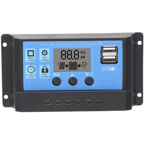 Contrôleur de charge solaire LCD, double USB, régulateur de panneau PWM avec identification automatique de la charge 12 V, 24 V, 30 A