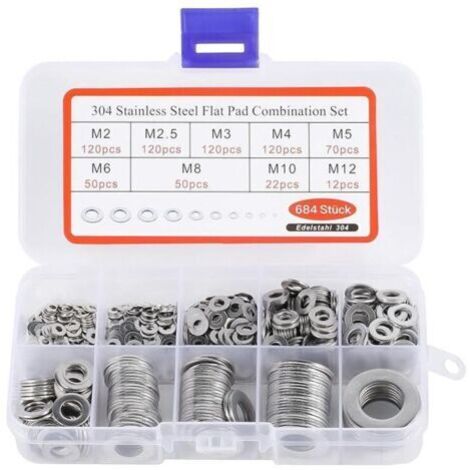 BASVII 684 Pièces Inox Rondelles Plates Metal, pour Gonds de Porte, 9 Tailles Rondelles Acier Inoxydabl 304 - M2 M2.5 M3 M4 M5 M6 M8 M10 M12 Rondelle Carrossier Inox