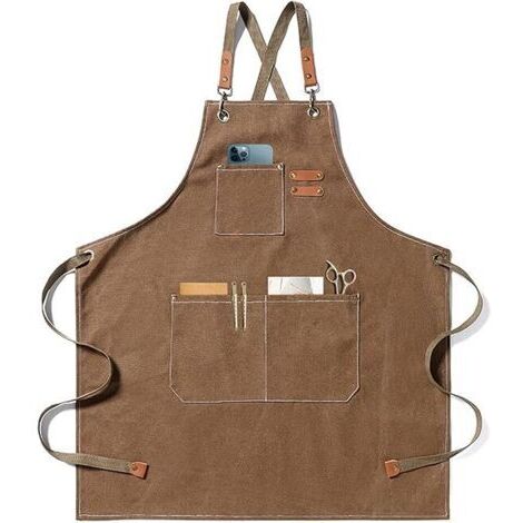 Tablier de chef, tablier de jardinage en toile de coton avec grandes poches pour hommes et femmes, bavoir de cuisine, tablier de jardin réglable robuste-Café