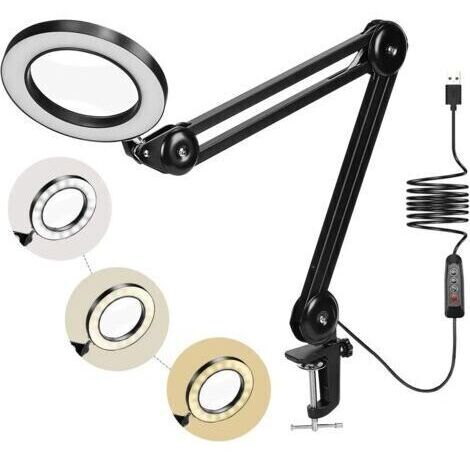 [JAMAIS UTILISÉ]Lampe Loupe 72LED, 5X Loupe de Daylight Bureau avec Pince Métal Modes 3 couleurs Dimmable pour Réparation l'artisanat,Couture, Lecture（Noir） (1/4)