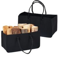 Log Basket, Set of 2, Felt Storage Bag, Firewood, 28 Litre, with Handles, Black