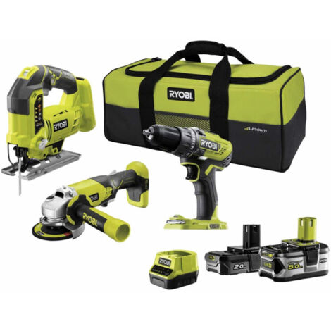 PACK RYOBI 3 OUTILS: Perceuse-visseuse à percussion 2 vitesses 18V ONE+ (R18PD3-0) - Scie sauteuse pendulaire 18 V ONE+ (R18JS-0) - Meuleuse d’angle 18 V One+ (R18AG-0) - 1 Batterie 5 Ah - 1 Batterie
