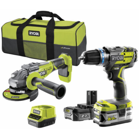 RYOBI - DUO 18V ONE+ Kit utensili elettrici senza fili - Trapano a percussione e smerigliatrice angolare - 2 batterie al litio da 5,0 e 2,0 Ah e caricabatterie rapido - Accessori - R18CK2BL-252S