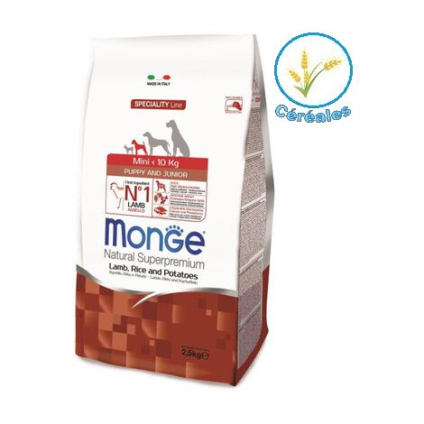 Monge Natural Cane Taglia Piccola, Crocchette - Cucciolo, Agnello e Riso 2,5kg