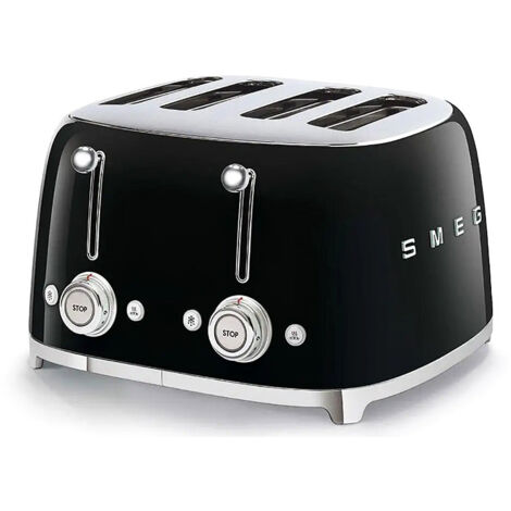 Smeg, Tostapane 4 fette TSF03BLEU, 4 scomparti da 36 mm, 6 livelli di doratura, funzione riscaldamento, scongelamento e bagel, espulsione automatica del pane, 2 vassoi raccogli briciole, 2000 W, nero