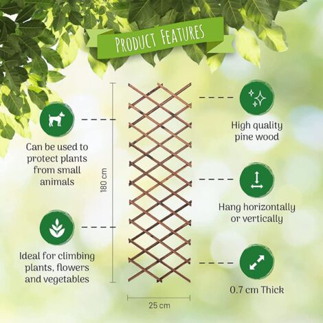 Treillis Extensible En Pin Pour Plantes Grimpantes - 3 Tailles (jusqu'à 180x25 Cm), Clôture Décorative Jardin - 2