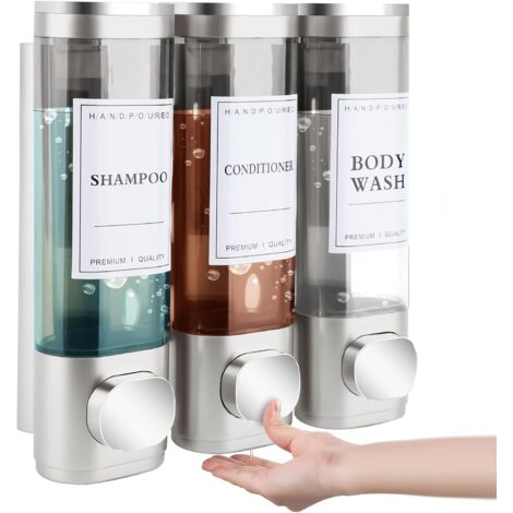 Ej.Life Lot de 3 distributeurs de savon, fixation murale, 300 ml, sans perçage, pour lavabo, salle de bain, gel douche, shampoing, lotion pour cuisine et salle de bain,argent