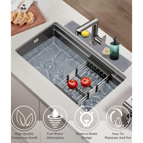 Ej.Life Tapis de Robinet Silicone, Protection Anti-Éclaboussures pour Robinet d'Évier, Tapis d'Évier pour Comptoir de Cuisine et de Salle de Bain (Gris, 30 cm)