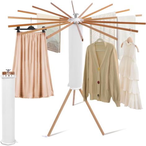 Séchoir à Linge Pliable - 16 Barres - Trépied Stable - Hêtre/Aluminium - 119x110 Cm - Pour Balcon, Salle De Bain