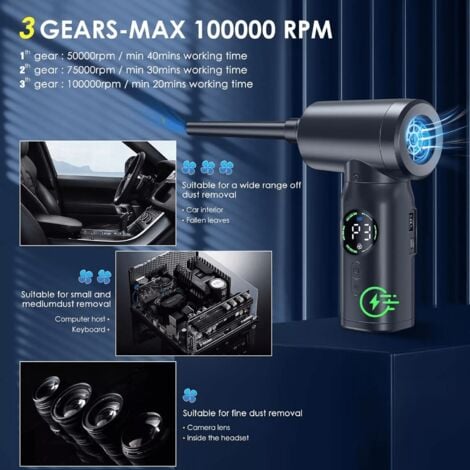 Ej.Life Moteur sans balais 3 vitesses 80000tr/min, Souffleur PC Air Comprimé Nettoyage pour PC, Depoussiereur Ordinateur Puissants, 7500 mAh Batterie Plumeau Bombe d'air Comprimé pour clavier,voiture,