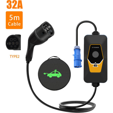 EV Charger Type 2 Portable Ev Chargeur, Chargeur Voiture Electrique Courant Commutable(6-32A) 2 PIN EV Chargeur Station 7KW/5M avec Sac, Impermeable Etanche,IEC 62196-2 (1/5)