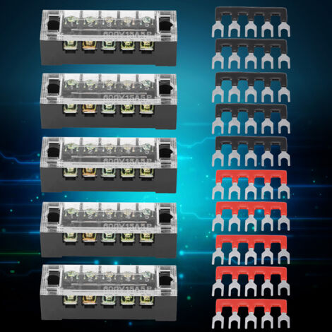 Lot De 5 Borniers à Vis 5 Positions Double Rangée - 600V 15A, Avec Barrettes Pré-isolées Rouge Et Noir