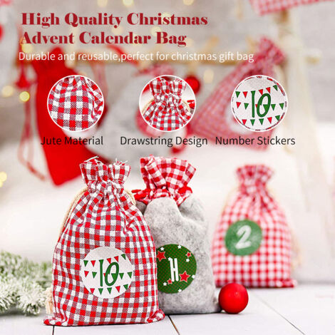 24 Sachets Jute Calendrier De L'Avent + Étiquettes Arbre De Noël - Pochettes à Remplir 10x15cm