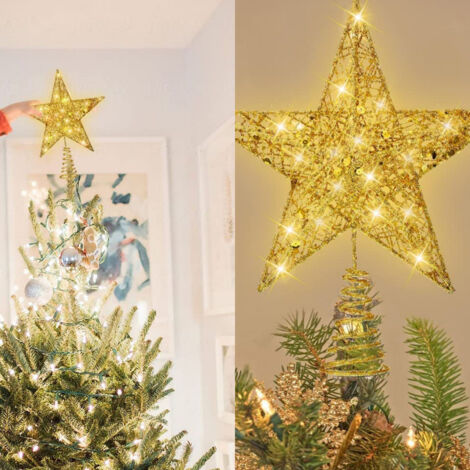 Joiedomi Cimier de sapin de Noël en étoile argentée, 20,3 cm, ornements métalliques pour le sommet de l'arbre, alimentés par piles avec lumières LED blanches chaudes pour les décorations de Noël à