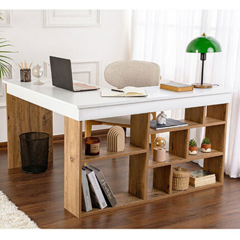 Calicosy – Bureau d'angle en aggloméré mélaminé 130x120 cm – Hauteur 72 cm – Blanc et pin Atlantique – Design moderne et durable (1/7)