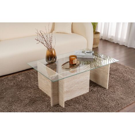 Calicosy – Table basse fixe en verre trempé 105x65x40 cm – Décor travertin – Structure en panneaux mélaminés – Design moderne