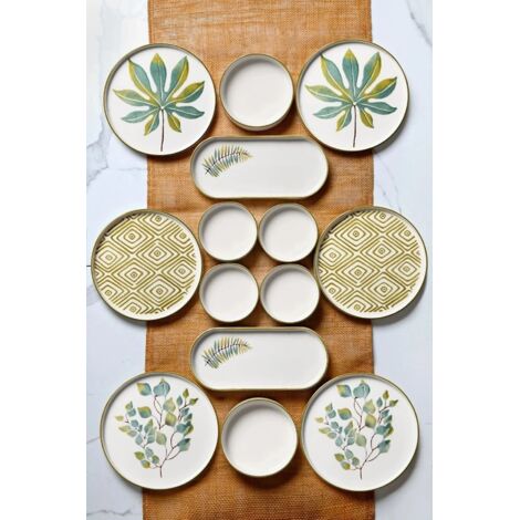 Service petit-déjeuner élégant 14 pièces, 100 % céramique Comprend 6 assiettes (19 cm), 2 plats et 6 bols (150 ml) Compatible lave-vaisselle, idéal pour un dîner élégant