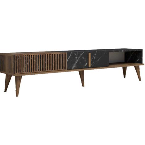 Cotecosy – Meuble TV en bois noyer et noir effet marbre – 180 cm – 2 portes – Panneaux de particules 100% mélaminés – Fixation murale recommandée