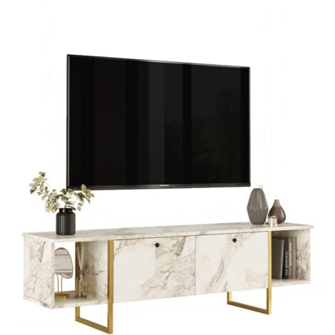 Cotecosy – Meuble TV 2 portes et 2 étagères – Effet marbre blanc et doré – Panneau de particules et métal – Dimensions 160x47.6x40 cm