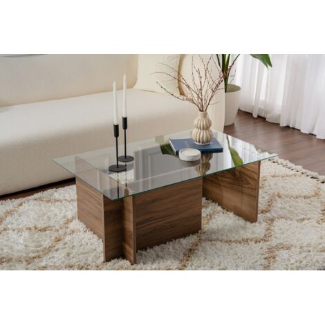 Calicosy – Table basse fixe avec plateau en verre trempé 105 cm – Structure en panneaux mélaminés – Assemblage facile – Pour intérieur moderne