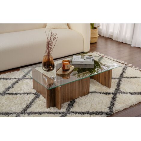 Table basse gigogne rectangulaire en verre trempé – Cadre en mélaminé noyer – Dimensions 105x65x30 cm – Pour salon ou bureau