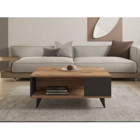 Cotecosy – Table basse fixe en panneau mélaminé 90x39,5x60 cm – Design Noyer et Noir – Deux niveaux avec rangement – Pour salon ou chambre