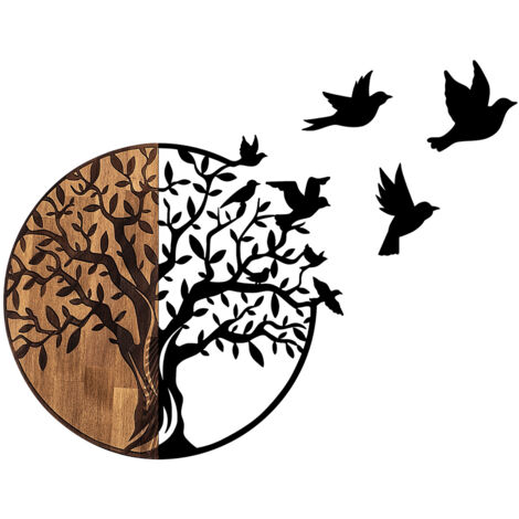 Hanah Home – Décoration murale en bois et métal arbre et oiseaux en vol – 50% bois véritable et 50% métal – Dimensions 92 x 3 x 71 cm – Poids 3,25 kg