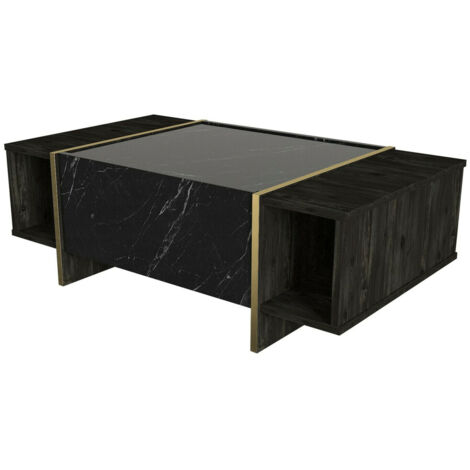 Cotecosy – Table basse fixe en aggloméré imitation marbre noir – Dimensions 103,8x60x37,3 cm – Panneaux mélaminés avec accents dorés
