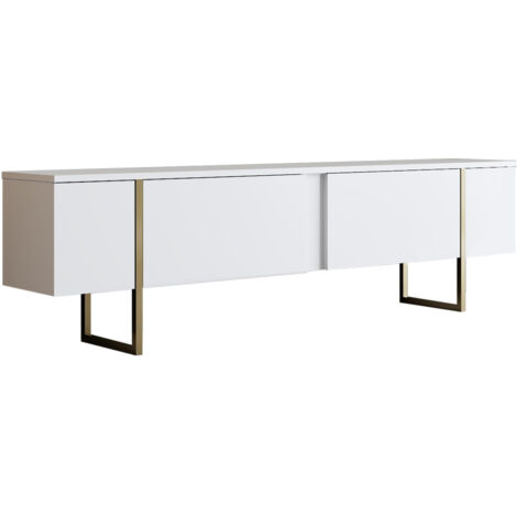 Cotecosy – Meuble TV moderne en panneaux mélaminés et métal doré – Longueur 180 cm x Hauteur 50 cm – 2 portes pour rangement multimédia