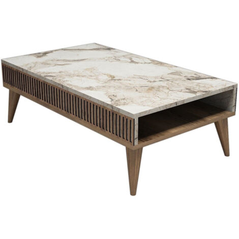 Cotecosy – Table basse fixe en bois mélaminé noyer et blanc effet marbre – Rangement intégré – Dimensions 105x60x34.6cm – Compatible aspirateurs robots
