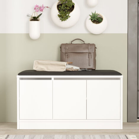 Mobilier1 – Meuble à chaussures blanc 89,6x45,8 cm – Panneau de particules mélaminé 18 mm – Dessus en cuir PU – Rangement élégant pour entrée (1/7)